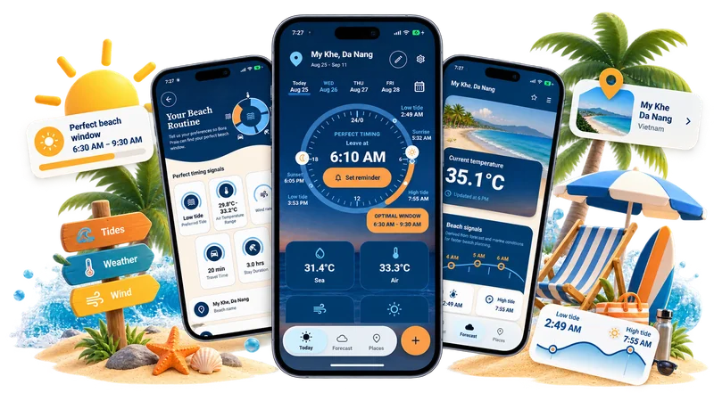 Bora Praia beach-planning screens with Perfect Timing, weather conditions, and tide details.